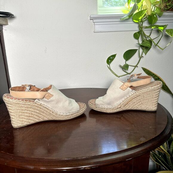 TOMS Women's Wedge Sandals 8.5 Natural Canvas Espadrille Peep Toe Heels Beige - Picture 8 of 11